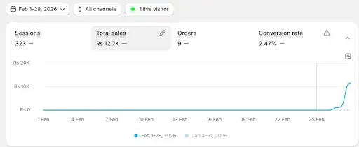 Shopify analytics before digital marketing services — 323 sessions and Rs 12.7K sales in February 2026